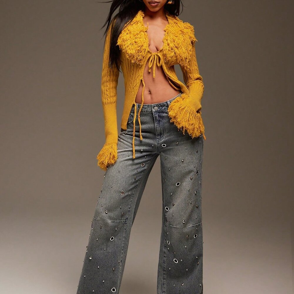 Yellow Casual Women's Fringe Detail Open Front Sweater Cardigan - Picture 4 of 7